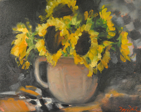SUNFLOWERS IN CORAL PITCHER, #1721